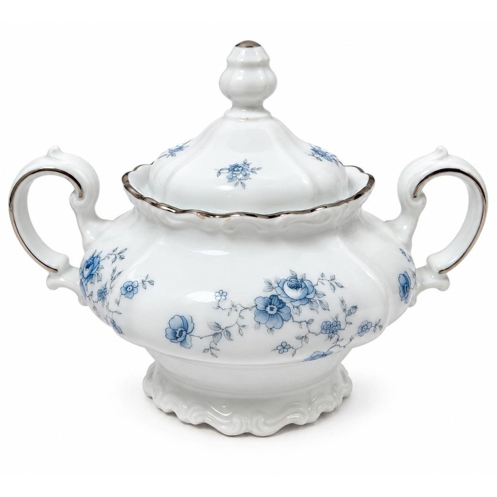 Johann Haviland Blue Garland Covered Sugar Bowl Bavaria Germany Platinum Trim